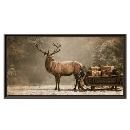 A majestic stag beside a wooden sleigh filled with wrapped gifts in a softly lit woodland single framed canvas wall art viewed straight on