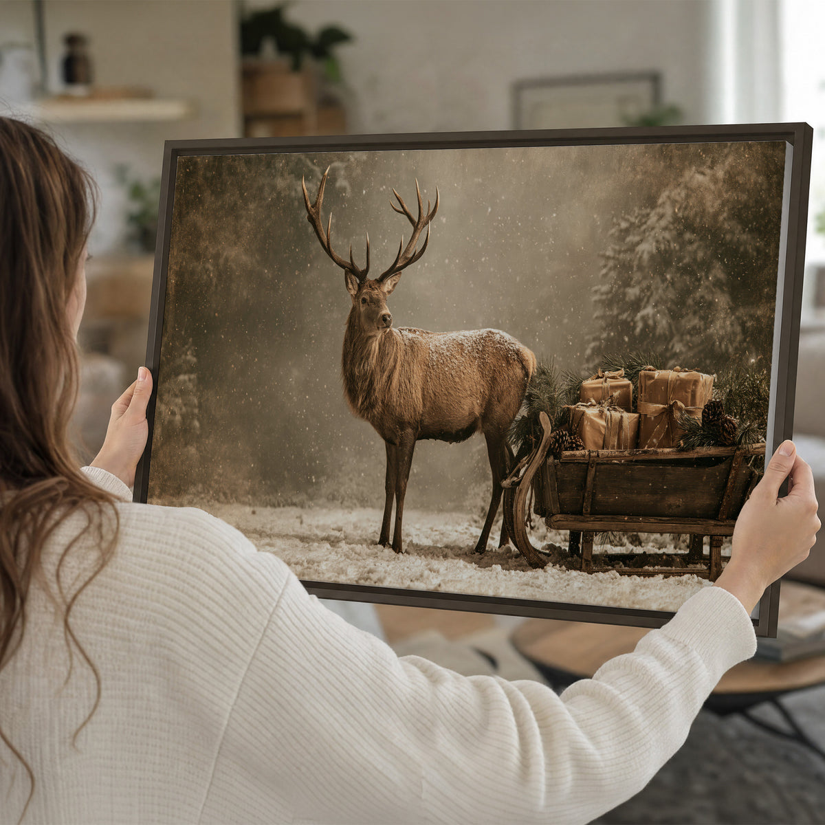 A majestic stag beside a wooden sleigh filled with wrapped gifts in a softly lit woodland single framed canvas wall art held in hands
