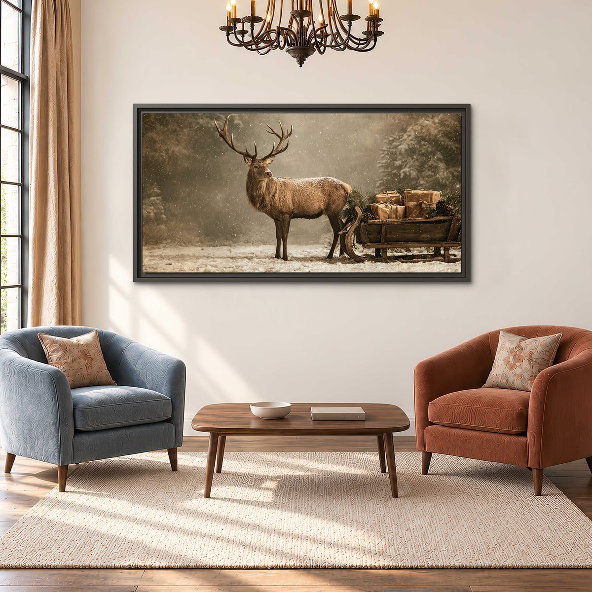 A majestic stag beside a wooden sleigh filled with wrapped gifts in a softly lit woodland single framed canvas wall art styled in an interior