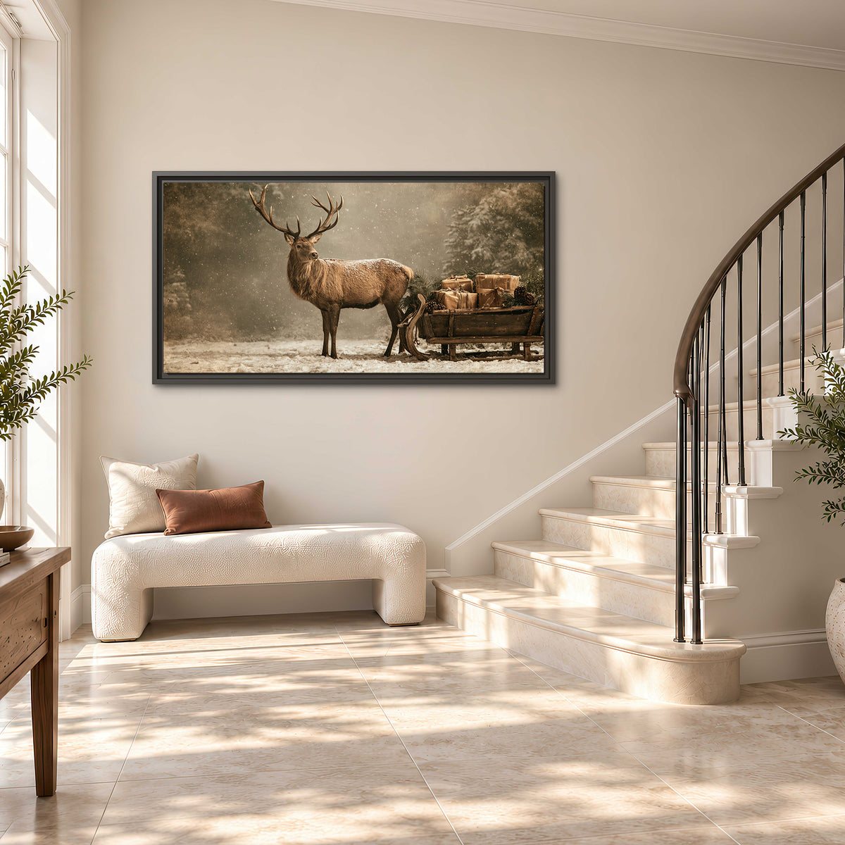 A majestic stag beside a wooden sleigh filled with wrapped gifts in a softly lit woodland single framed canvas wall art styled in an interior