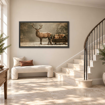 A majestic stag beside a wooden sleigh filled with wrapped gifts in a softly lit woodland single framed canvas wall art styled in an interior