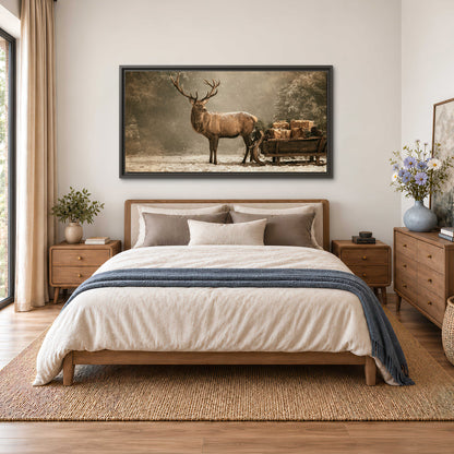 A majestic stag beside a wooden sleigh filled with wrapped gifts in a softly lit woodland single framed canvas wall art styled in an interior