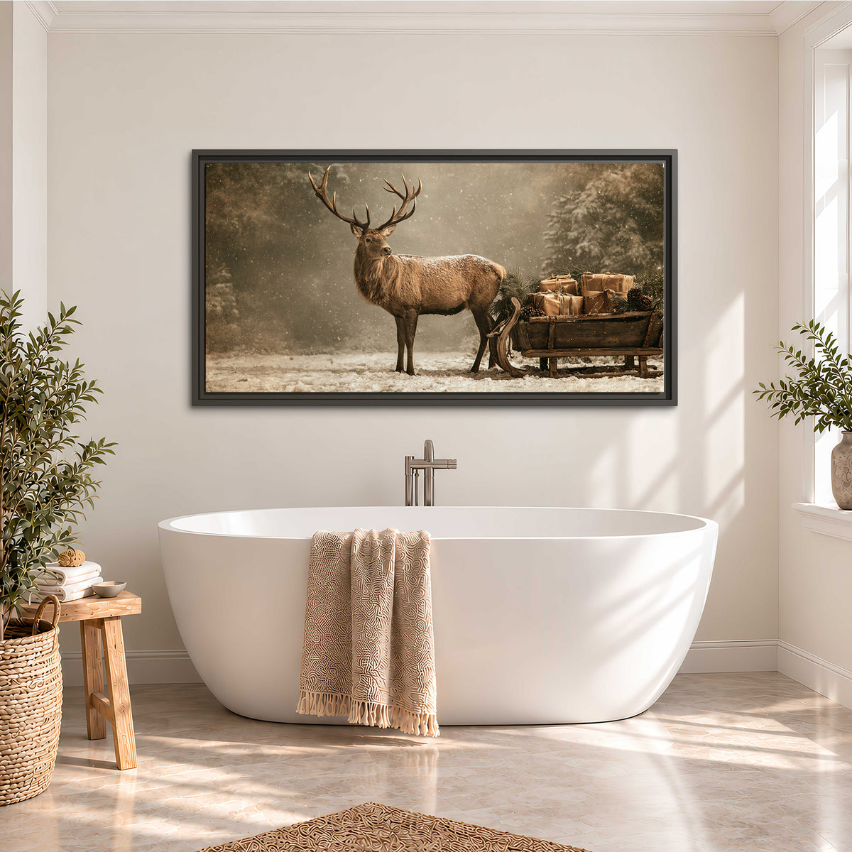 A majestic stag beside a wooden sleigh filled with wrapped gifts in a softly lit woodland single framed canvas wall art styled in an interior