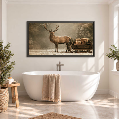 A majestic stag beside a wooden sleigh filled with wrapped gifts in a softly lit woodland single framed canvas wall art styled in an interior