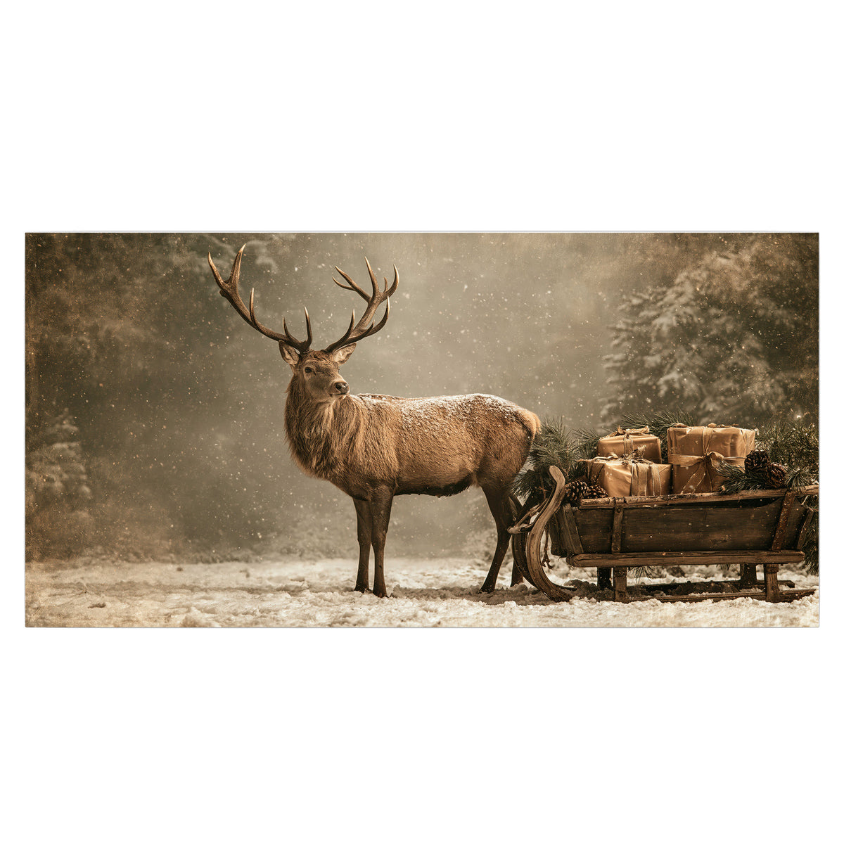 A majestic stag beside a wooden sleigh filled with wrapped gifts in a softly lit woodland single poster print viewed straight on