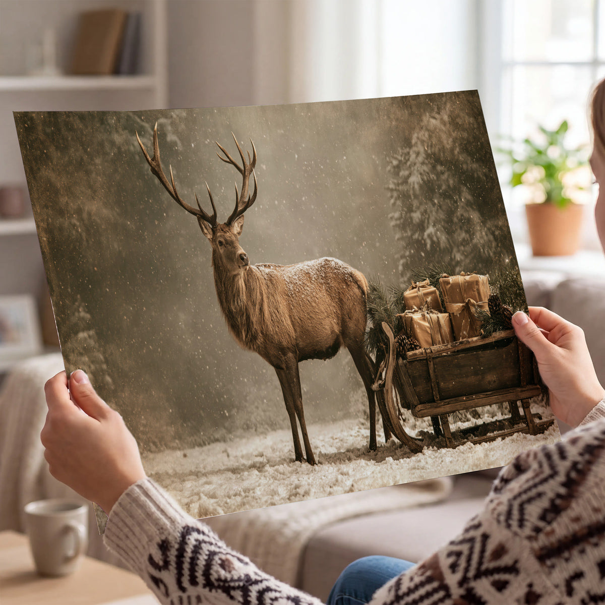 A majestic stag beside a wooden sleigh filled with wrapped gifts in a softly lit woodland single poster print held in hands