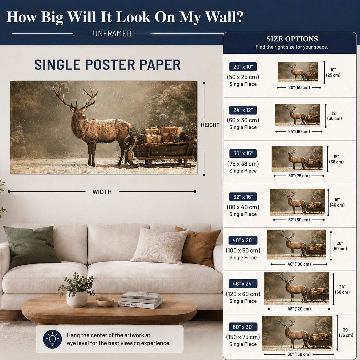 A majestic stag beside a wooden sleigh filled with wrapped gifts in a softly lit woodland single poster print size guide above a sofa; room view is illustrative