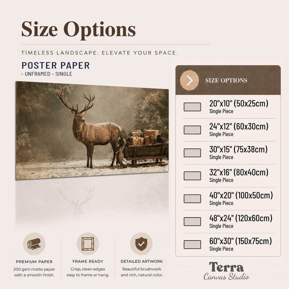 A majestic stag beside a wooden sleigh filled with wrapped gifts in a softly lit woodland single poster print available dimensions