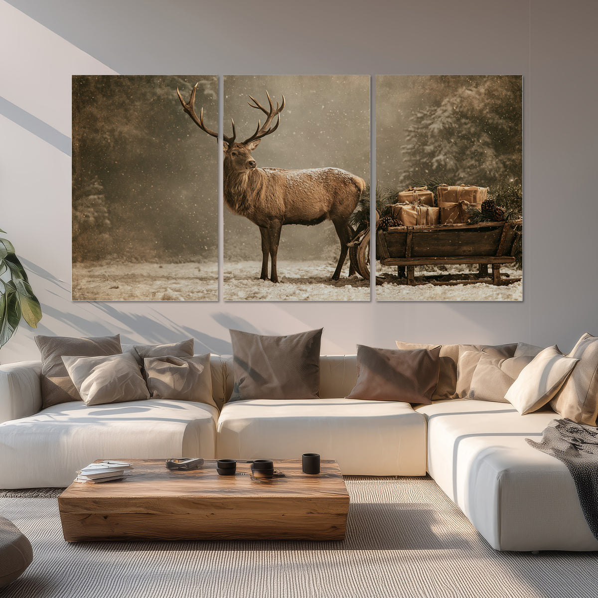 A majestic stag beside a wooden sleigh filled with wrapped gifts in a softly lit woodland set of 3 poster prints displayed in a living room