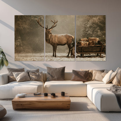A majestic stag beside a wooden sleigh filled with wrapped gifts in a softly lit woodland set of 3 poster prints displayed in a living room