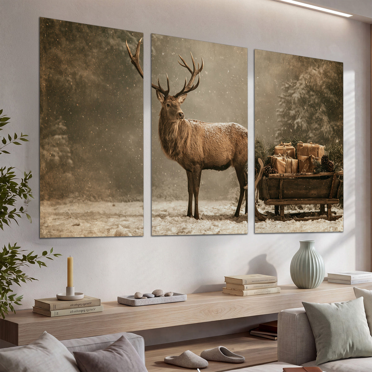 A majestic stag beside a wooden sleigh filled with wrapped gifts in a softly lit woodland set of 3 poster prints displayed in a console