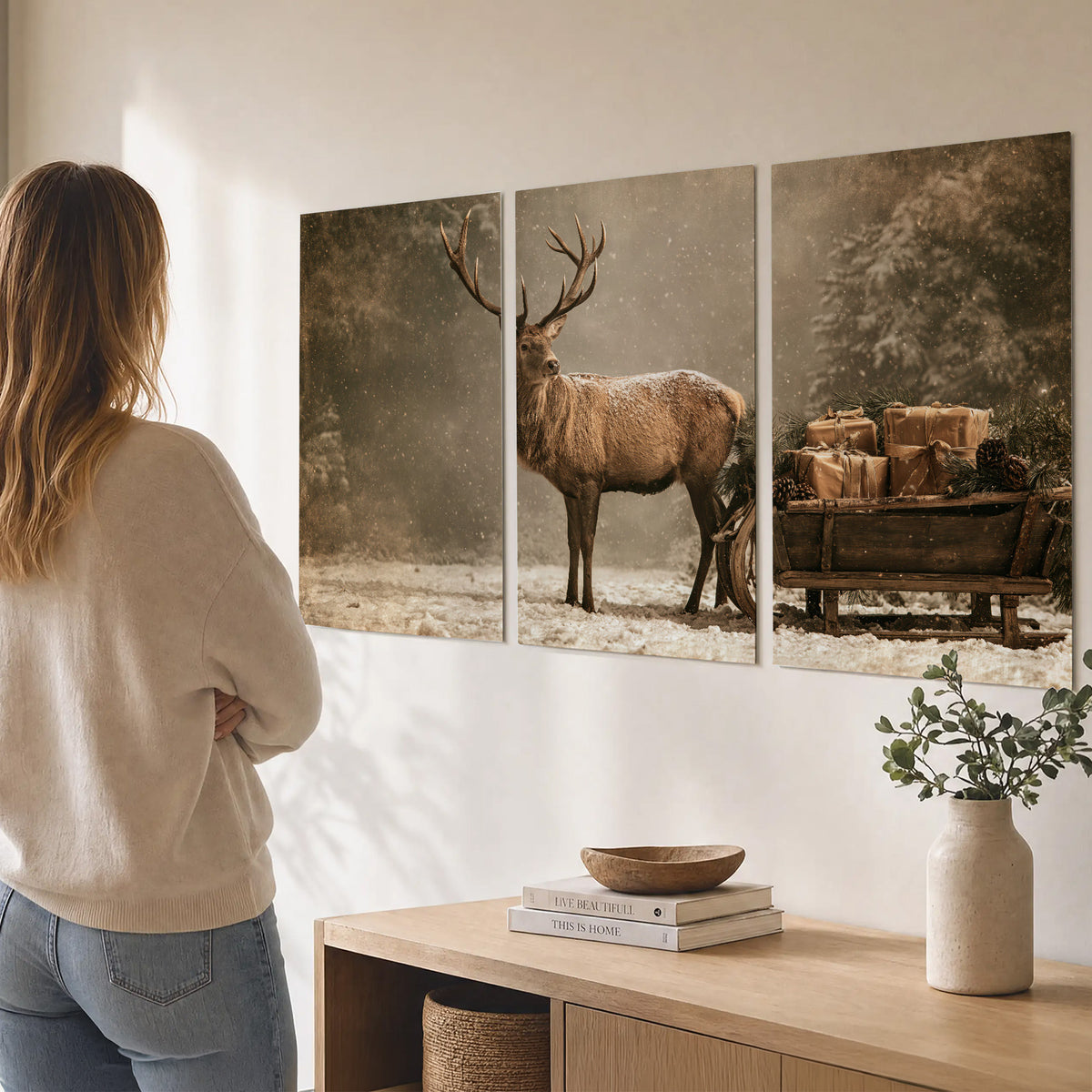 A majestic stag beside a wooden sleigh filled with wrapped gifts in a softly lit woodland set of 3 poster prints three panel arrangement on a wall