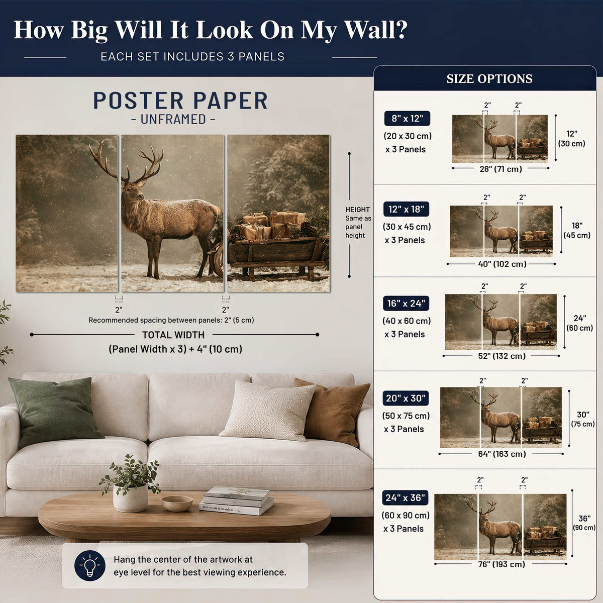 A majestic stag beside a wooden sleigh filled with wrapped gifts in a softly lit woodland set of 3 poster prints size guide above a sofa; room view is illustrative