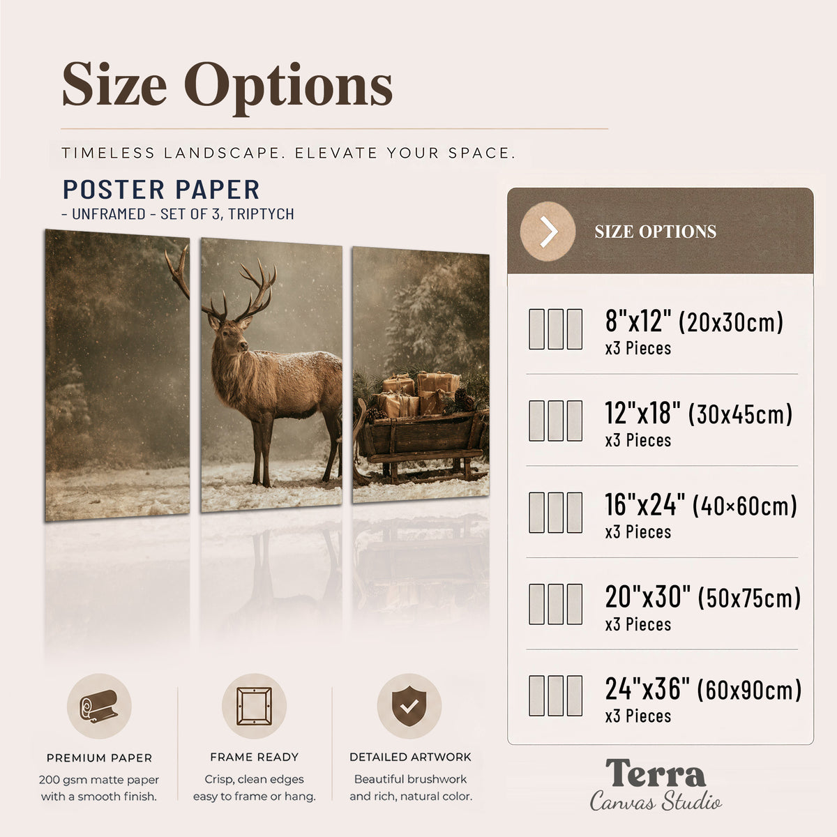 A majestic stag beside a wooden sleigh filled with wrapped gifts in a softly lit woodland set of 3 poster prints available dimensions; triptych dimensions are per panel