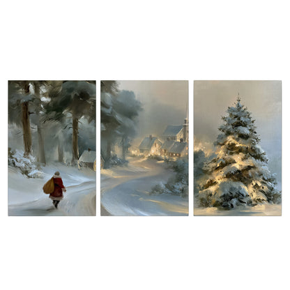 A child in a red coat walking through snowy evergreen trees toward a warmly lit village 3 piece canvas wall art viewed straight on