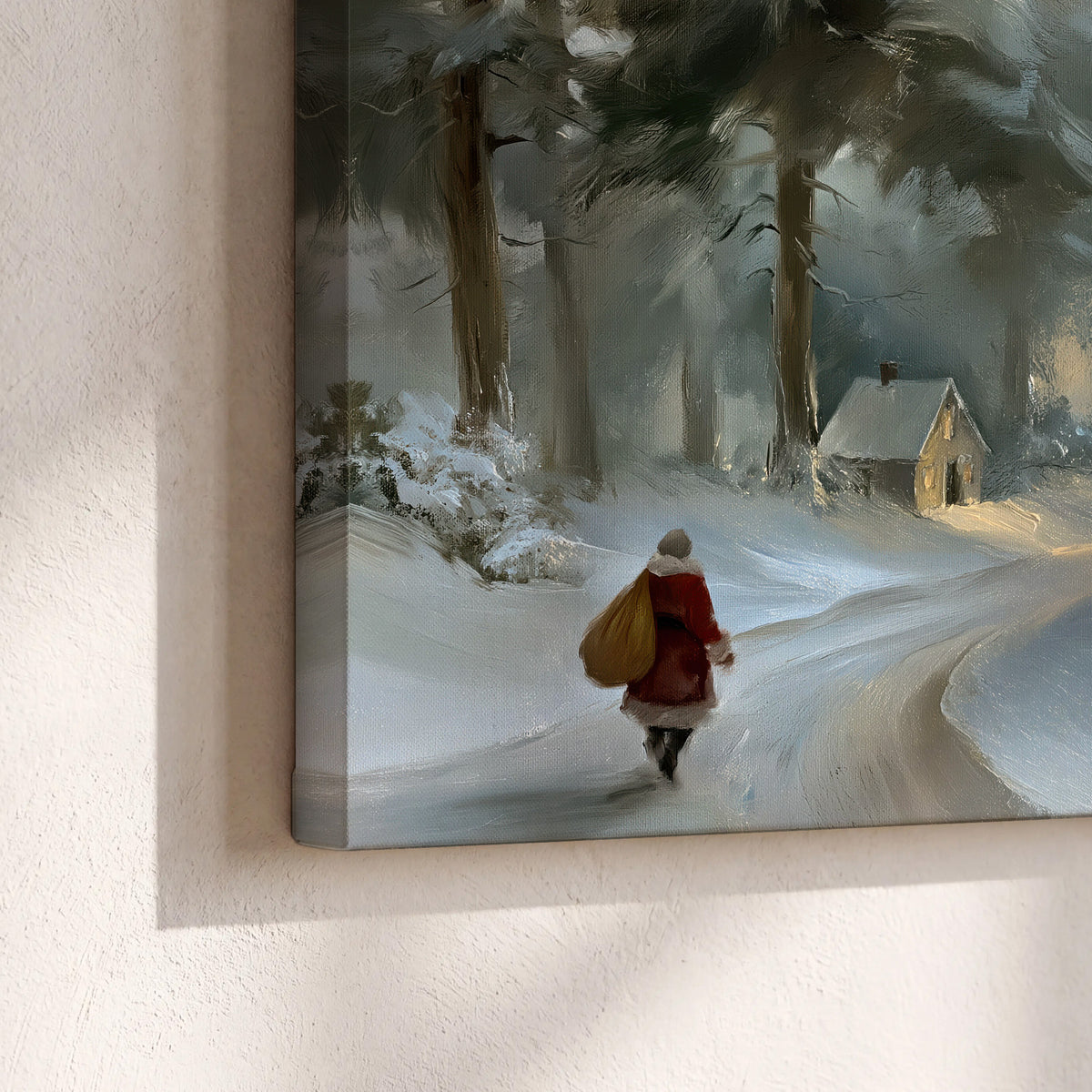 A child in a red coat walking through snowy evergreen trees toward a warmly lit village 3 piece canvas wall art material and edge close up