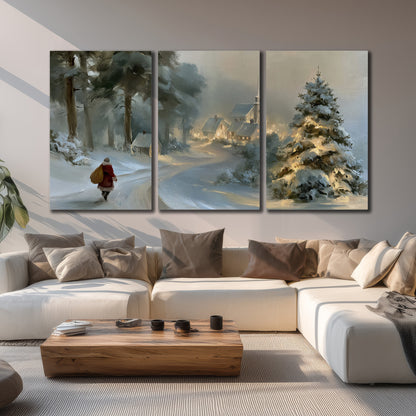 A child in a red coat walking through snowy evergreen trees toward a warmly lit village 3 piece canvas wall art displayed in a living room