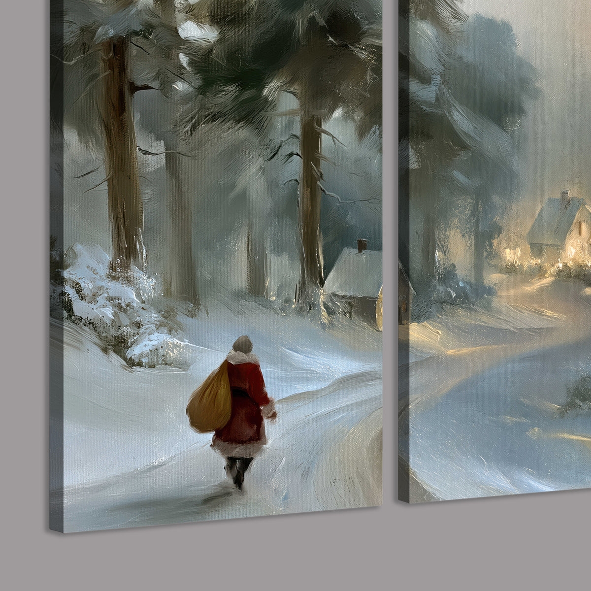 A child in a red coat walking through snowy evergreen trees toward a warmly lit village 3 piece canvas wall art room and product view