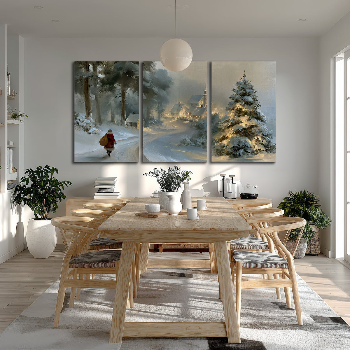 A child in a red coat walking through snowy evergreen trees toward a warmly lit village 3 piece canvas wall art room and product view
