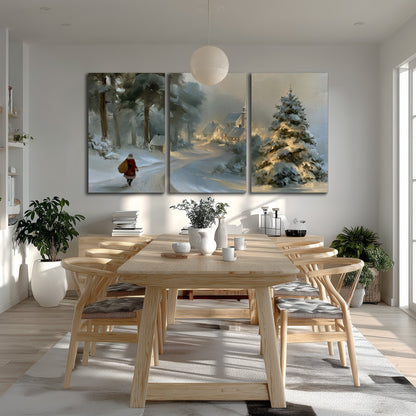 A child in a red coat walking through snowy evergreen trees toward a warmly lit village 3 piece canvas wall art room and product view