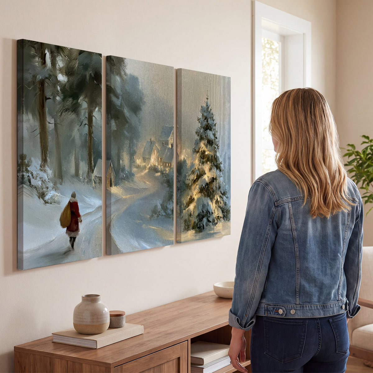 A child in a red coat walking through snowy evergreen trees toward a warmly lit village 3 piece canvas wall art three panel arrangement on a wall
