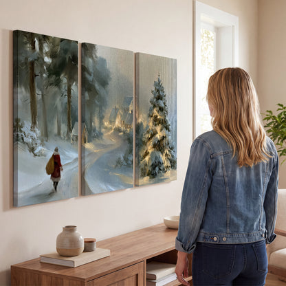 A child in a red coat walking through snowy evergreen trees toward a warmly lit village 3 piece canvas wall art three panel arrangement on a wall