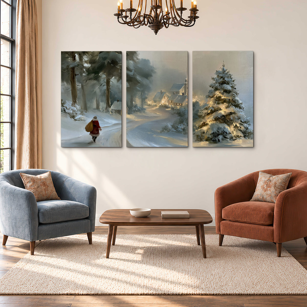 A child in a red coat walking through snowy evergreen trees toward a warmly lit village 3 piece canvas wall art styled in an interior