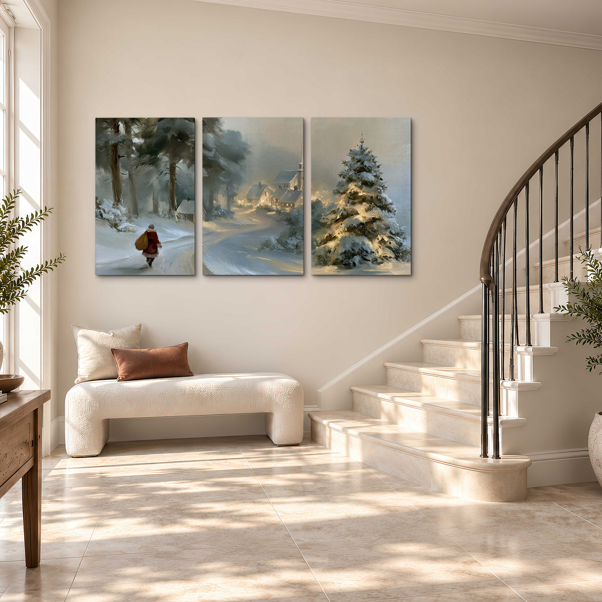 A child in a red coat walking through snowy evergreen trees toward a warmly lit village 3 piece canvas wall art styled in an interior