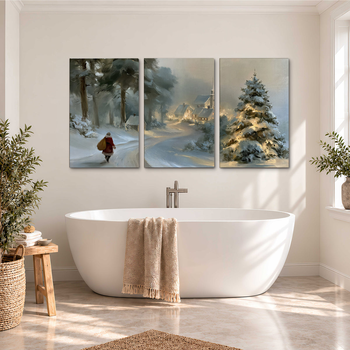A child in a red coat walking through snowy evergreen trees toward a warmly lit village 3 piece canvas wall art styled in an interior