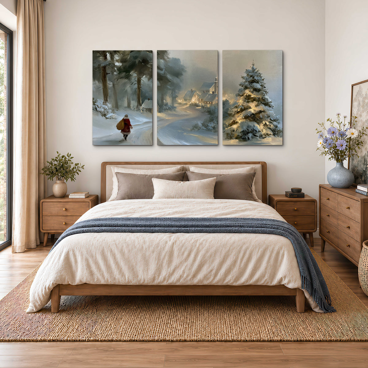 A child in a red coat walking through snowy evergreen trees toward a warmly lit village 3 piece canvas wall art styled in an interior