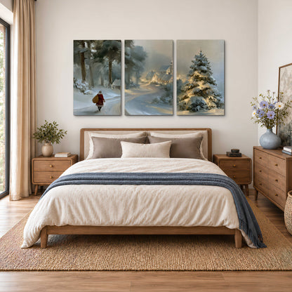 A child in a red coat walking through snowy evergreen trees toward a warmly lit village 3 piece canvas wall art styled in an interior