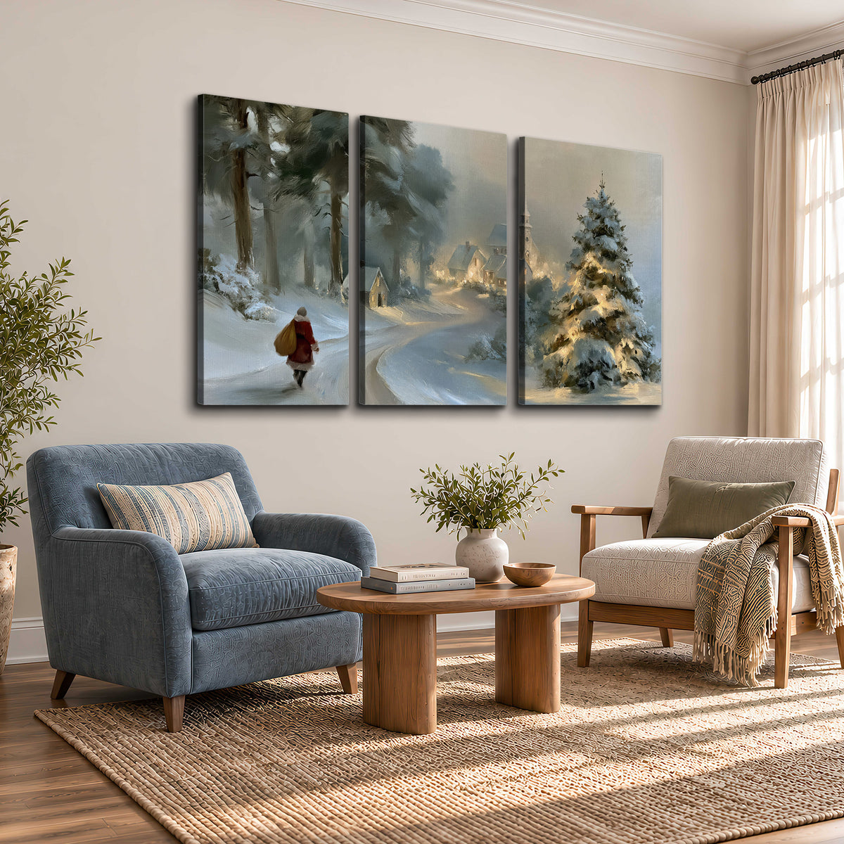 A child in a red coat walking through snowy evergreen trees toward a warmly lit village 3 piece canvas wall art styled in an interior