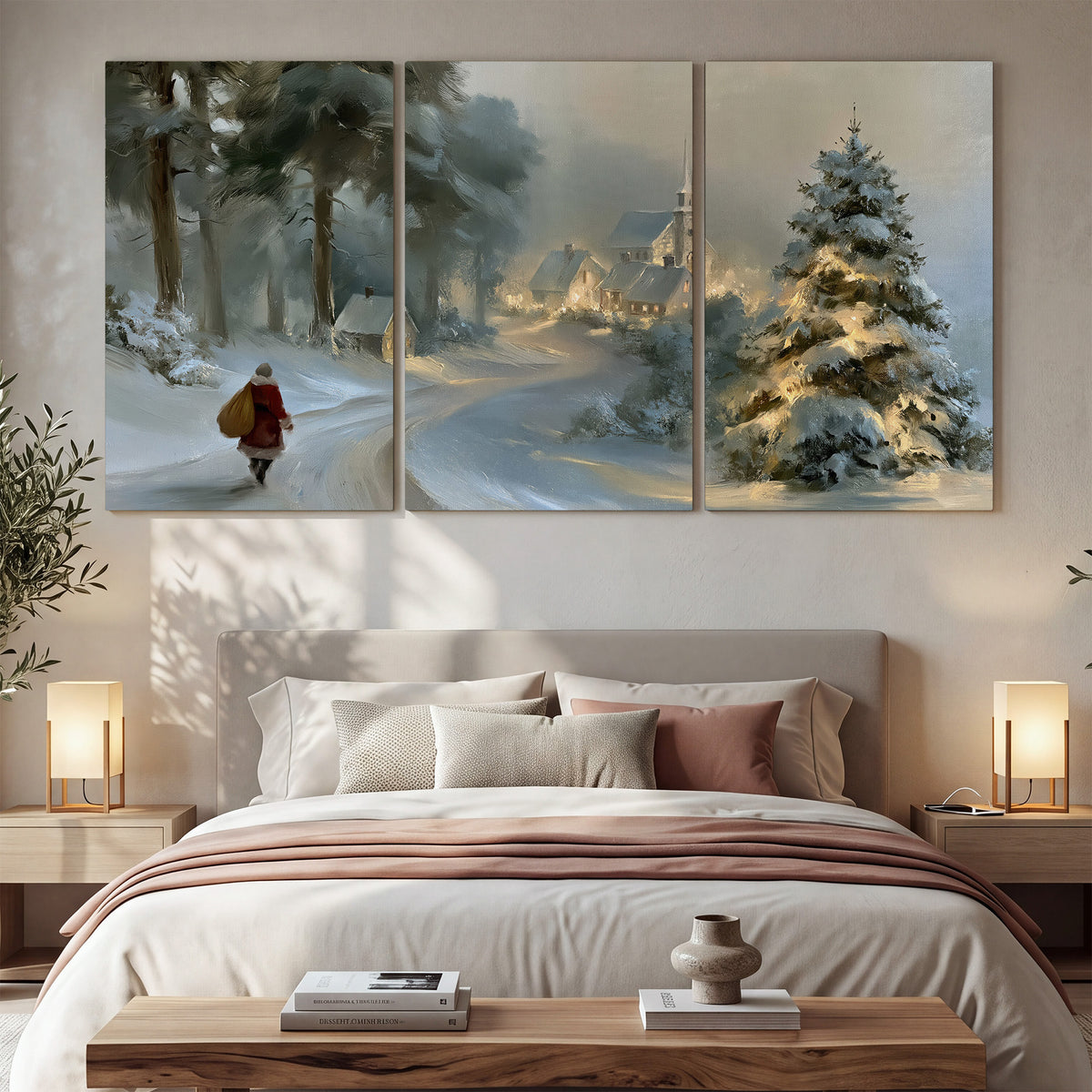 A child in a red coat walking through snowy evergreen trees toward a warmly lit village 3 piece canvas wall art displayed in a bedroom