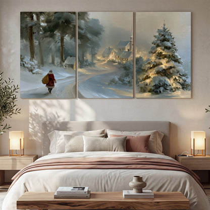 A child in a red coat walking through snowy evergreen trees toward a warmly lit village 3 piece canvas wall art displayed in a bedroom