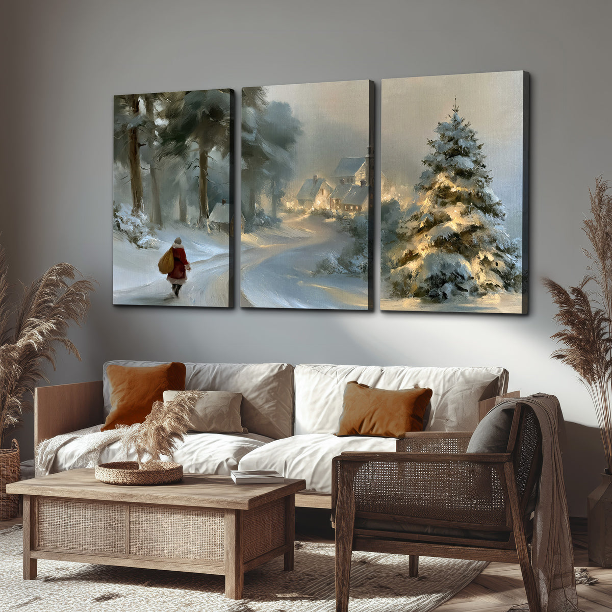 A child in a red coat walking through snowy evergreen trees toward a warmly lit village 3 piece canvas wall art displayed in a rustic living room