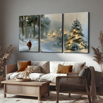 A child in a red coat walking through snowy evergreen trees toward a warmly lit village 3 piece canvas wall art displayed in a rustic living room