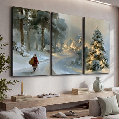 A child in a red coat walking through snowy evergreen trees toward a warmly lit village 3 piece canvas wall art displayed in a console