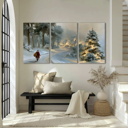 A child in a red coat walking through snowy evergreen trees toward a warmly lit village 3 piece canvas wall art displayed in a entryway