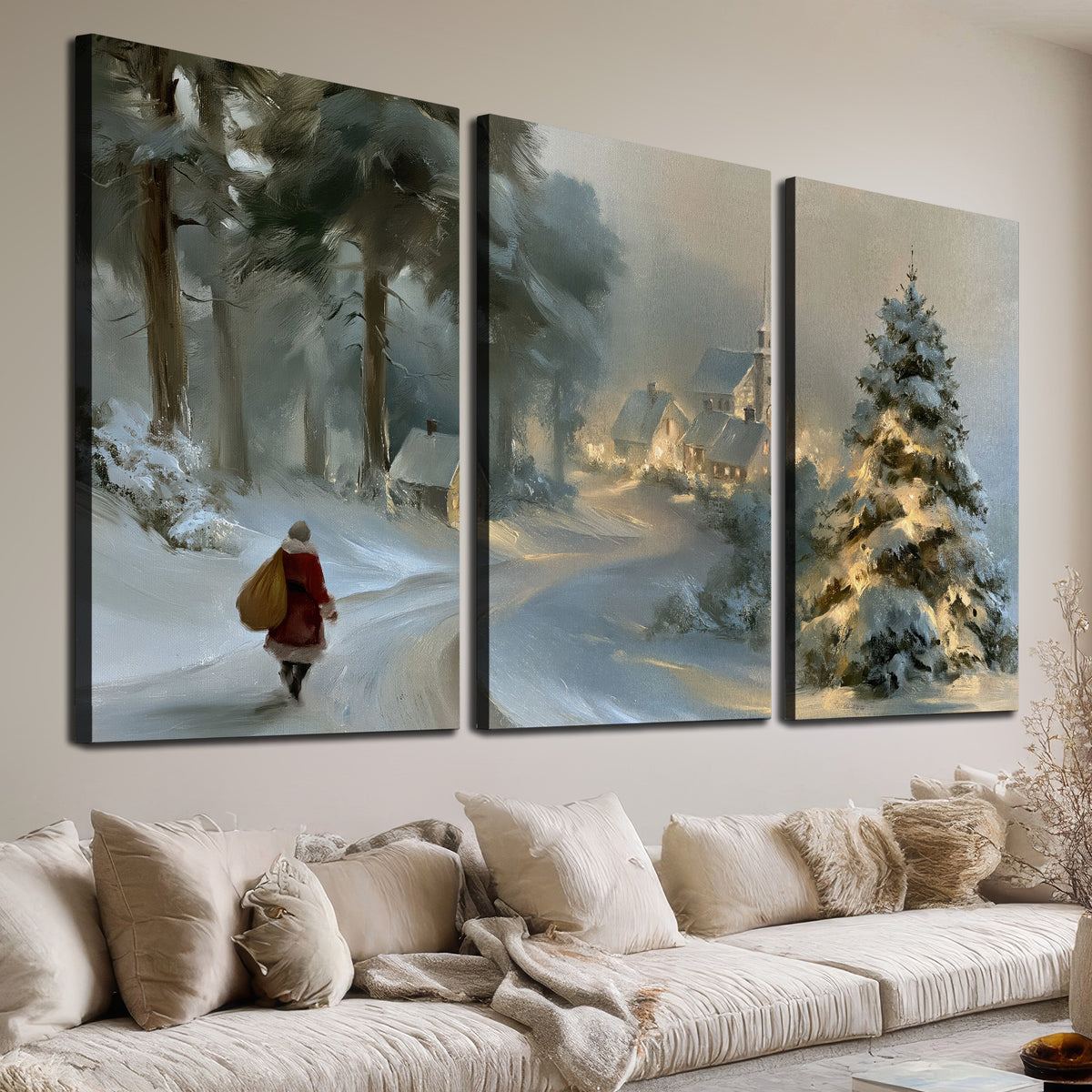 A child in a red coat walking through snowy evergreen trees toward a warmly lit village 3 piece canvas wall art room and product view