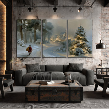 A child in a red coat walking through snowy evergreen trees toward a warmly lit village 3 piece canvas wall art displayed in a industrial room