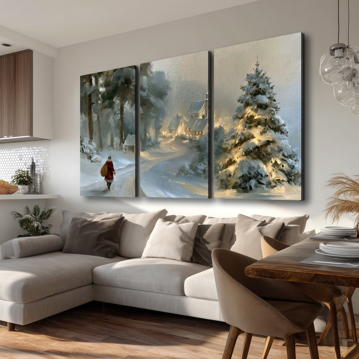 A child in a red coat walking through snowy evergreen trees toward a warmly lit village 3 piece canvas wall art room and product view