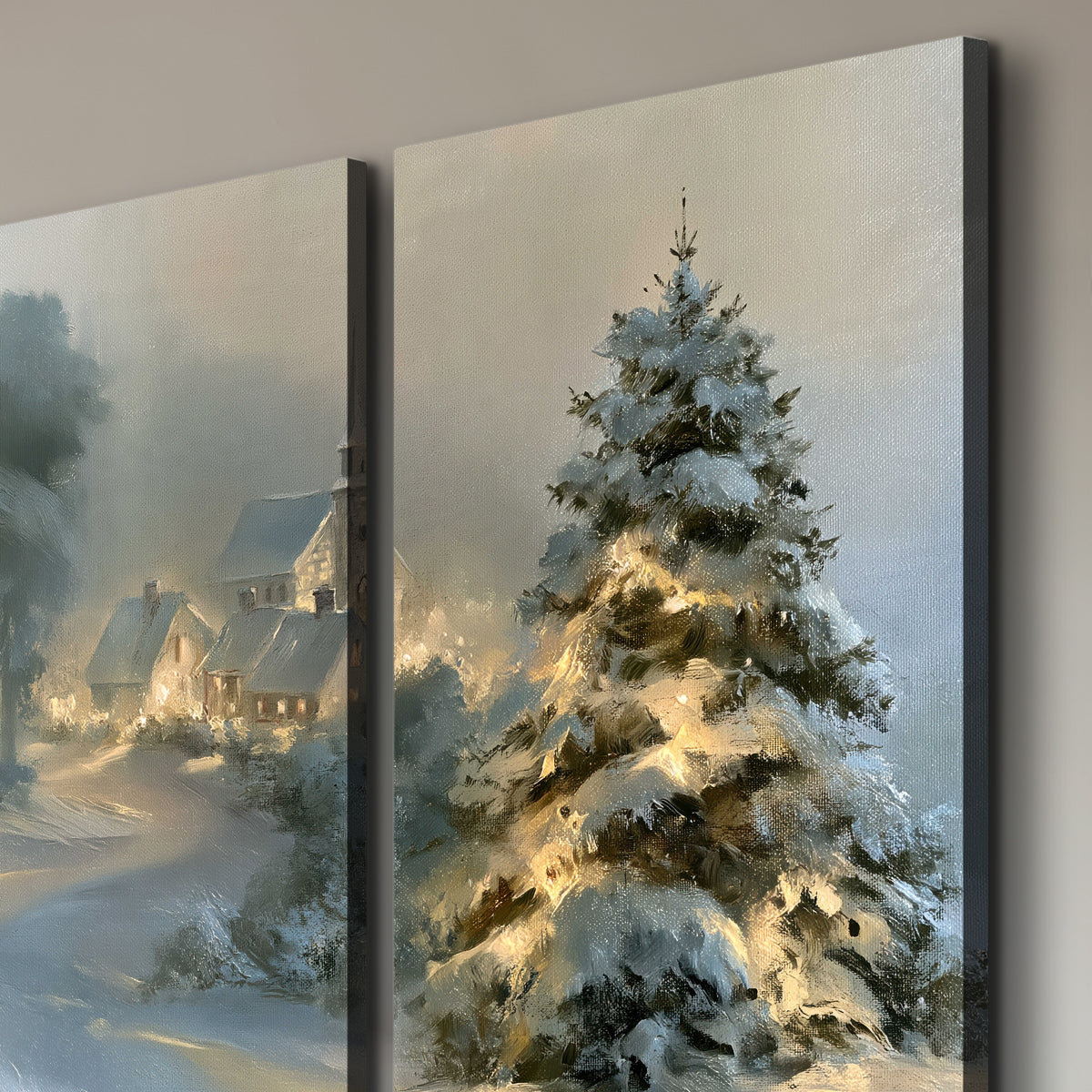 A child in a red coat walking through snowy evergreen trees toward a warmly lit village 3 piece canvas wall art room and product view