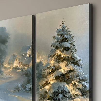 A child in a red coat walking through snowy evergreen trees toward a warmly lit village 3 piece canvas wall art room and product view