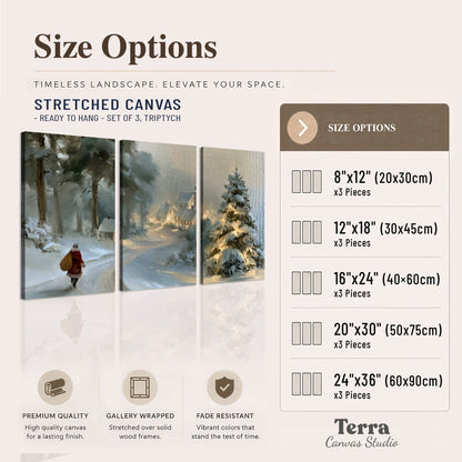 A child in a red coat walking through snowy evergreen trees toward a warmly lit village 3 piece canvas wall art available dimensions; triptych dimensions are per panel