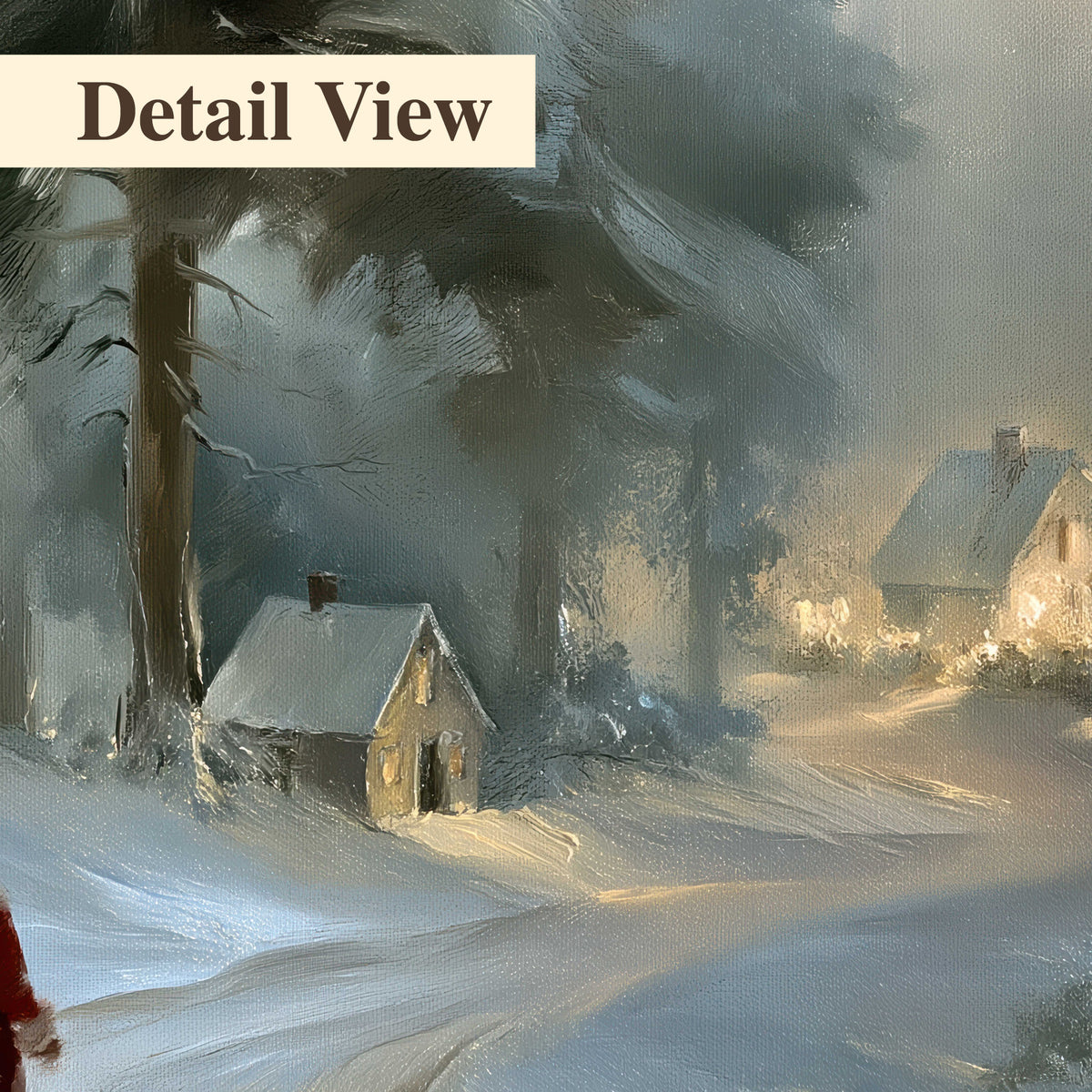 A child in a red coat walking through snowy evergreen trees toward a warmly lit village 3 piece canvas wall art artwork detail close up