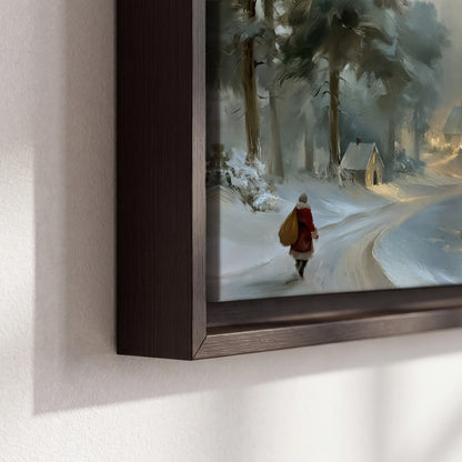 A child in a red coat walking through snowy evergreen trees toward a warmly lit village 3 piece framed canvas wall art material and edge close up