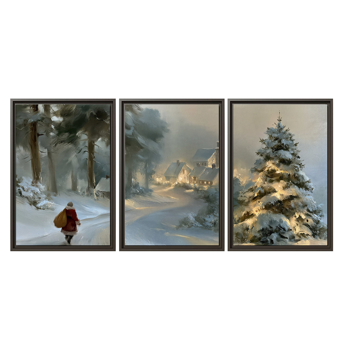 A child in a red coat walking through snowy evergreen trees toward a warmly lit village 3 piece framed canvas wall art viewed straight on