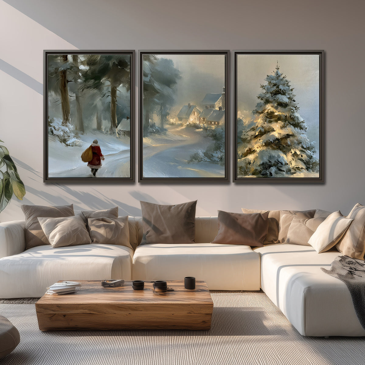 A child in a red coat walking through snowy evergreen trees toward a warmly lit village 3 piece framed canvas wall art displayed in a living room