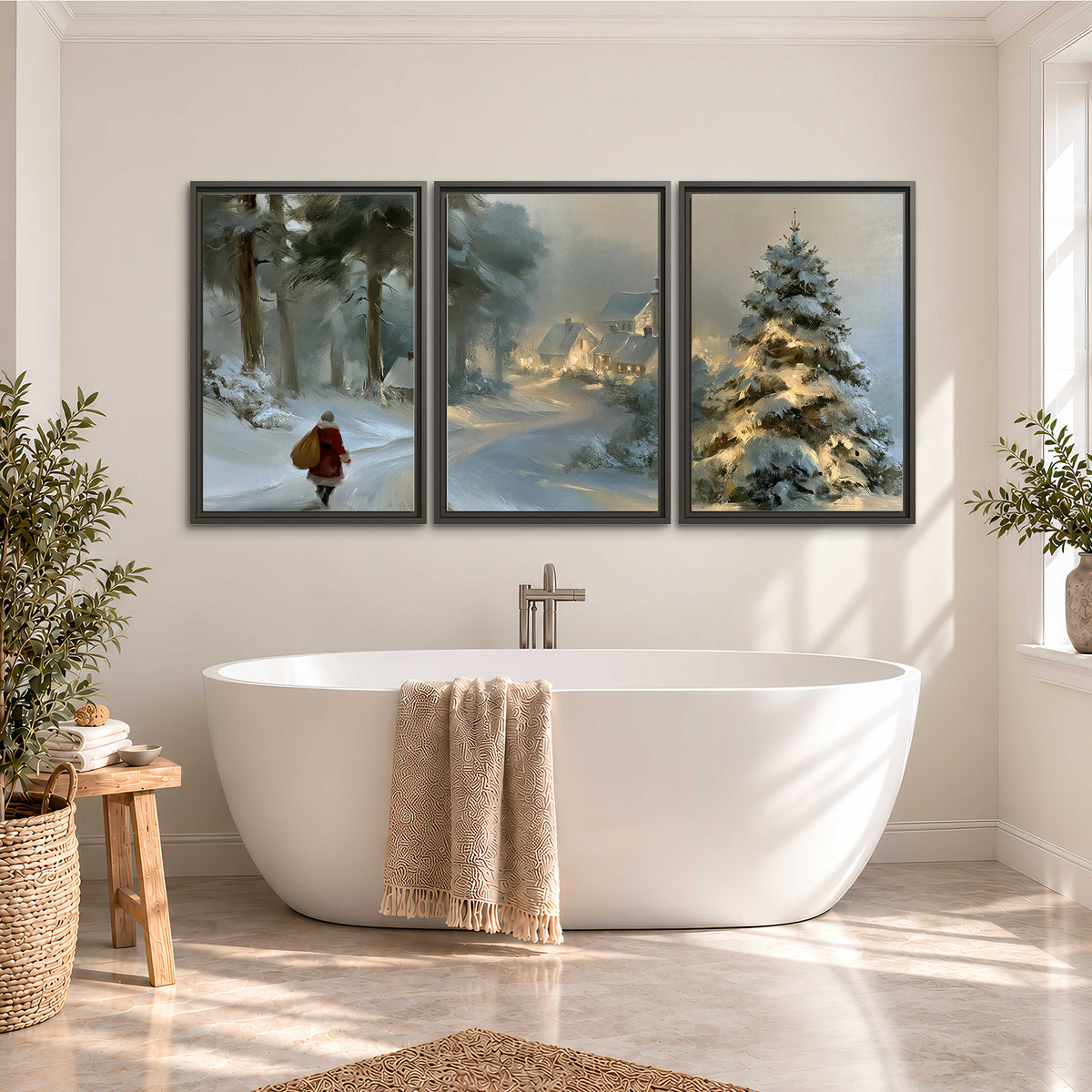 A child in a red coat walking through snowy evergreen trees toward a warmly lit village 3 piece framed canvas wall art styled in an interior
