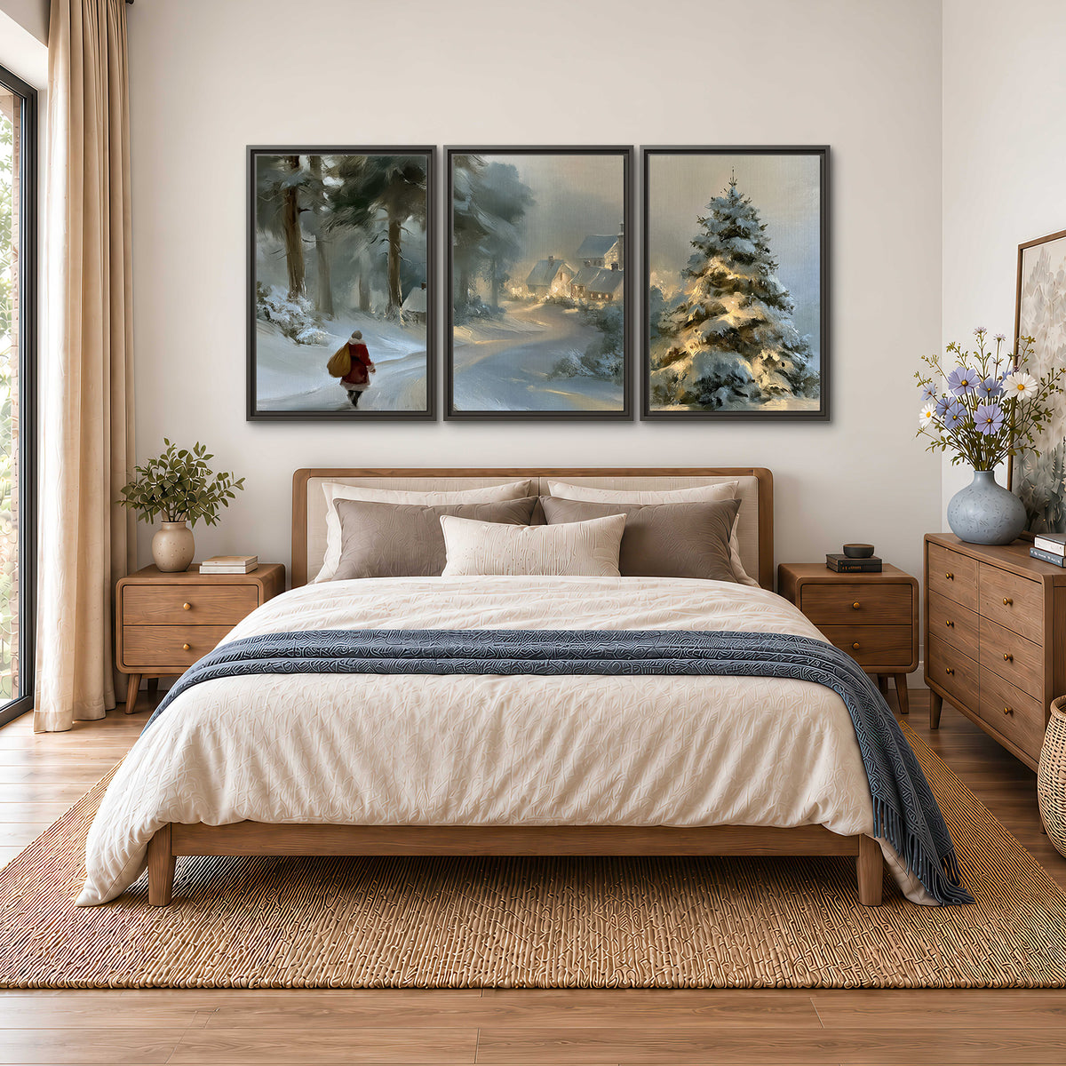 A child in a red coat walking through snowy evergreen trees toward a warmly lit village 3 piece framed canvas wall art styled in an interior